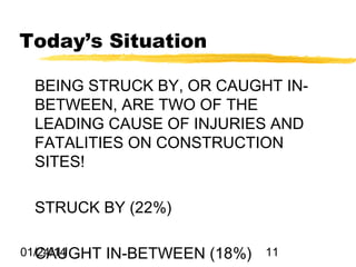 Today’s Situation
BEING STRUCK BY, OR CAUGHT INBETWEEN, ARE TWO OF THE
LEADING CAUSE OF INJURIES AND
FATALITIES ON CONSTRUCTION
SITES!
STRUCK BY (22%)
01/24/14
CAUGHT

IN-BETWEEN (18%)

11

 