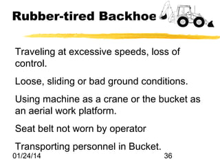 Rubber-tired Backhoes
Traveling at excessive speeds, loss of
control.
Loose, sliding or bad ground conditions.
Using machine as a crane or the bucket as
an aerial work platform.
Seat belt not worn by operator
Transporting personnel in Bucket.

01/24/14

36

 