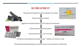 II) TREATMENT
Removal and inactivation of mercury present in the body
Stomach should be washed
Egg albumin should be given as it forms coat over the stomach
Charcoal used to adsorb the poison
Administered the BAL to form non-toxic
Pencillamine administered as antidote → dose – 250mg 3 or 4 times in a day
Parenterally transfused fluids given to maintain volume and composition of body fluids
 
