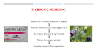 B) CHRONIC POISONING
Patient must be removed from source of exposure
Treatment is similar to acute poisoning by mercury
Dry extract of Belladona 30 mg thrice daily
Releives the excessive salivation
Course IM injection of BAL is also effective
 