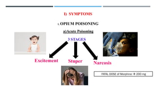 I) SYMPTOMS
1. OPIUM POISONING
FATAL DOSE of Morphine → 200 mg
 
