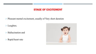 STAGE OF EXCITEMENT
➢ Pleasant mental excitement, usually of Very short duration
➢ Laughter,
➢ Hallucination and
➢ Rapid heart rate
 