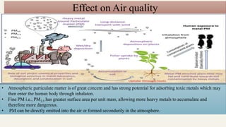 Effect on Air quality
• Atmospheric particulate matter is of great concern and has strong potential for adsorbing toxic metals which may
then enter the human body through inhalaton.
• Fine PM i.e., PM2.5 has greater surface area per unit mass, allowing more heavy metals to accumulate and
therefore more dangerous.
• PM can be directly emitted into the air or formed secondarily in the atmosphere.
 
