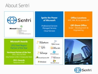 Israel - Development &
      Business since 1999                        Engineering




        2012 East Region
       Partner of the Year
 Northeast Partner of the Year
         2012, 2011 & 2010
Only Partner to Win 3 Consecutive Years

           2011 Awards
           Voice & VTSP
 
