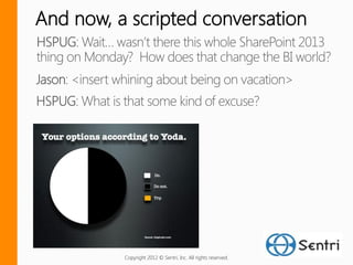And now, a scripted conversation




          Copyright 2012 © Sentri, Inc. All rights reserved.
 