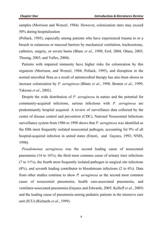 samples (Morrison and Wenzel, 1984). However, colonization rates may exceed
50% during hospitalization
(Pollack, 1995), especially among patients who have experienced trauma to or a
breach in cutaneous or mucosal barriers by mechanical ventilation, tracheostomy,
catheters, surgery, or severe burns (Blanc et al., 1998; Erol, 2004; Ohara, 2003;
Thuong, 2003; and Valles, 2004).
Patients with impaired immunity have higher risks for colonization by this
organism (Morrison, and Wenzel, 1984; Pollack, 1995), and disruption in the
normal microbial flora as a result of antimicrobial therapy has also been shown to
increase colonization by P. aeruginosa (Blane et al., 1998; Bonten et al., 1999;
Takesue et al., 2002).
Despite the wide distribution of P. aeruginosa in nature and the potential for
community-acquired infections, serious infections with P. aeruginosa are
predominantly hospital acquired. A review of surveillance data collected by the
center of disease control and prevention (CDC), National Nosocomial Infections
surveillance system from 1986 to 1998 shows that P. aeruginosa was identified as
the fifth most frequently isolated nosocomial pathogen, accounting for 9% of all
hospital-acquired infection in united states (Emori, and Gaynes, 1993; NNIS,
1998).
Pseudomonas aeruginosa was the second leading cause of nosocomial
pneumonia (14 to 16%), the third most common cause of urinary tract infections
(7 to 11%), the fourth most frequently isolated pathogen in surgical site infections
(8%), and seventh leading contributor to bloodstream infections (2 to 6%). Data
from other studies continue to show P. aeruginosa as the second most common
cause of nosocomial pneumonia, health care-associated pneumonia, and
ventilator-associated pneumonia (Gaynes and Edwards, 2005; Kolleff et al., 2005)
and the leading cause of pneumonia among pediatric patients in the intensive care
unit (ICU) (Richards et al., 1999).
 
