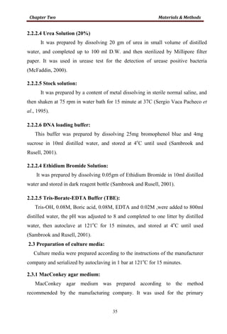 35
2.2.2.4 Urea Solution (20%)
It was prepared by dissolving 20 gm of urea in small volume of distilled
water, and completed up to 100 ml D.W. and then sterilized by Millipore filter
paper. It was used in urease test for the detection of urease positive bacteria
(McFaddin, 2000).
2.2.2.5 Stock solution:
It was prepared by a content of metal dissolving in sterile normal saline, and
then shaken at 75 rpm in water bath for 15 minute at 37C (Sergio Vaca Pacheco et
al., 1995).
2.2.2.6 DNA loading buffer:
This buffer was prepared by dissolving 25mg bromophenol blue and 4mg
sucrose in 10ml distilled water, and stored at 4o
C until used (Sambrook and
Rusell, 2001).
2.2.2.4 Ethidium Bromide Solution:
It was prepared by dissolving 0.05gm of Ethidium Bromide in 10ml distilled
water and stored in dark reagent bottle (Sambrook and Rusell, 2001).
2.2.2.5 Tris-Borate-EDTA Buffer (TBE):
Tris-OH, 0.08M, Boric acid, 0.08M, EDTA and 0.02M ,were added to 800ml
distilled water, the pH was adjusted to 8 and completed to one litter by distilled
water, then autoclave at 121o
C for 15 minutes, and stored at 4o
C until used
(Sambrook and Rusell, 2001).
2.3 Preparation of culture media:
Culture media were prepared according to the instructions of the manufacturer
company and serialized by autoclaving in 1 bar at 121o
C for 15 minutes.
2.3.1 MacConkey agar medium:
MacConkey agar medium was prepared according to the method
recommended by the manufacturing company. It was used for the primary
 
