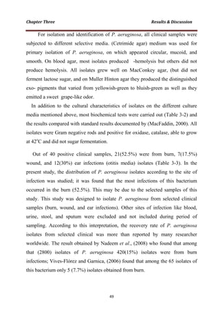 For isolation and identification of P. aeruginosa, all clinical samples were
subjected to different selective media. (Cetrimide agar) medium was used for
primary isolation of P. aeruginosa, on which appeared circular, mucoid, and
smooth. On blood agar, most isolates produced -hemolysis but others did not
produce hemolysis. All isolates grew well on MacConkey agar, (but did not
ferment lactose sugar, and on Muller Hinton agar they produced the distinguished
exo- pigments that varied from yellowish-green to bluish-green as well as they
emitted a sweet grape-like odor.
In addition to the cultural characteristics of isolates on the different culture
media mentioned above, most biochemical tests were carried out (Table 3-2) and
the results compared with standard results documented by (MacFaddin, 2000). All
isolates were Gram negative rods and positive for oxidase, catalase, able to grow
at 42o
C and did not sugar fermentation.
Out of 40 positive clinical samples, 21(52.5%) were from burn, 7(17.5%)
wound, and 12(30%) ear infections (otitis media) isolates (Table 3-3). In the
present study, the distribution of P. aeruginosa isolates according to the site of
infection was studied; it was found that the most infections of this bacterium
occurred in the burn (52.5%). This may be due to the selected samples of this
study. This study was designed to isolate P. aeruginosa from selected clinical
samples (burn, wound, and ear infections). Other sites of infection like blood,
urine, stool, and sputum were excluded and not included during period of
sampling. According to this interpretation, the recovery rate of P. aeruginosa
isolates from selected clinical was more than reported by many researcher
worldwide. The result obtained by Nadeem et al., (2008) who found that among
that (2800) isolates of P. aeruginosa 420(15%) isolates were from burn
infections; Vives-Flórez and Garnica, (2006) found that among the 65 isolates of
this bacterium only 5 (7.7%) isolates obtained from burn.
 