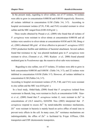 In the present study, regarding to silver sulfate, out of 37 isolates, 16 isolates
were able to grow in concentration 0.0001M and 0.001M respectively. However,
all isolates inhibited in concentration 0.1M (Table 3-6, 3-7). According to
hospital environment isolates (P.39, P.40, and P.41) revealed resistant to silver
sulfate and the MIC ranged from (0.001-0.01g/ml ).
These results obtained by Prasad et al., (2009) who found that all isolates of
P. aeruginosa were resistant to silver nitrate at concentration 0.0001M and all
isolates were sensitive to silver nitrate at concentration 0.01M and 0.1M; Dong et
al., (2001) obtained 100 g/ml of sliver effective to prevent P. aeruginosa ATCC
27853 production biofilm and inhibition of bacterial attachment. Several authors
found that resistance to Ag+
was plasmid mediated gene in P. aeruginosa were
resistant to silver, (Tennent et al., 1985; Kucken et al., 2000) found plasmid
mediated gene in Pseudomonas spp. the reason to silver salts were resistance.
Regarding to zinc sulfate, out of 37 isolates, 33 isolates were able to grow in
both concentration 0.0001M and 0.001M (Table 3-6, 3-7); and 22 isolates were
inhibited in concentration 0.01M (Table 3-7). However, all isolates inhibited in
concentration 0.1M (Tables 3-6, 3-7).
According to hospital environment isolates (P.39, P.40, and P.41) were resistant
to zinc sulfate and the MIC was (0.01g/ml ).
In a local study, Abdul-Sada, (2008) found that P. aeruginosa isolated from
wastewater in Basrah, Iraq, were resistant to Zn2O3 at concentration 0.4M. Xiao-
xi et al., (2009) found that P. aeruginosa isolate E1 were resistant to Zn2+
in
concentrations of (16.5 mmol/L), 0,0165M. Nies (2003) interpreted that P.
aeruginosa respond to excess Zn2+
by metal-inducible resistance mechanisms,
Zn2+
were resistant in bacteria is mainly based on active efflux of metal ions to
prevent toxic effects in the cell. In many cases, Zn2+
resistance mechanisms are
indistinguishable; the efflux of Zn2+
is facilitated by P-type ATPases, CBA
transporters and CDF chemiosmotic transporters.
 