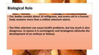 Biological Role
• Our bodies contain about 14 milligrams, and every cell in a human
body contains more than a million selenium atoms.
• Too little selenium can cause health problems, but too much is also
dangerous. In excess it is carcinogenic and teratogenic (disturbs the
development of an embryo or foetus).
 