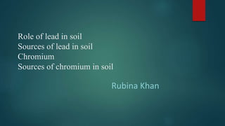 Role of lead in soil
Sources of lead in soil
Chromium
Sources of chromium in soil
Rubina Khan
 