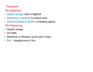 Treatment
Ac poisoning
• Gastric lavage: Sod or MgSO4
• Morphine or Atropine to relieve colic
• Calcium Disodium EDTA ( Chelating agent)
Chr Poisoning
• Gastric lavage
• 5% DNS
• Morphine or Atropine 1g bd upto 5 days
• BAL : 4mg/kg every 4 hrs
 