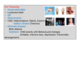 Chr Poisoning
• Gingivostomatitis
• Loosened teeth
• GE
• Renal toxicity
• CNS: Hallucinations, Mania, Insomnia
Hatter’s Shake (Tremors)
• Minimata disease:
Birth defects
Erethism: CNS toxicity with Behavioural changes
(Irritable, memory loss, depression, Personality
derangement)
 