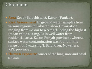  Area Zoab (Balochistan), Kasur (Punjab). 
 Risk Assessment In ground water samples from 
various regions in Pakistan show Cr variation 
ranging from <0.001 to 9.8 mg/L, being the highest 
(mean value 2.12 mg/L) in well water from 
residential area, Kasur, Punjab province , whereas 
surface water contamination was found in the 
range of 0.16–0.29 mg/L Bara River, Nowshera, 
KPK province . 
 Human exposure cancer of the lung, nose and nasal 
sinuses. 
 
