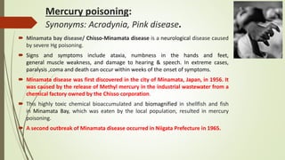 Mercury poisoning:
Synonyms: Acrodynia, Pink disease.
 Minamata bay disease/ Chisso-Minamata disease is a neurological disease caused
by severe Hg poisoning.
 Signs and symptoms include ataxia, numbness in the hands and feet,
general muscle weakness, and damage to hearing & speech. In extreme cases,
paralysis ,coma and death can occur within weeks of the onset of symptoms.
 Minamata disease was first discovered in the city of Minamata, Japan, in 1956. It
was caused by the release of Methyl mercury in the industrial wastewater from a
chemical factory owned by the Chisso corporation.
 This highly toxic chemical bioaccumulated and biomagnified in shellfish and fish
in Minamata Bay, which was eaten by the local population, resulted in mercury
poisoning.
 A second outbreak of Minamata disease occurred in Niigata Prefecture in 1965.
 