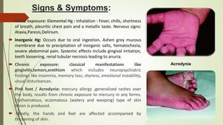 Signs & Symptoms:
 Acute exposure: Elemental Hg : Inhalation : Fever, chills, shortness
of breath, pleuritic chest pain and a metallic taste. Nervous signs:
Ataxia,Paresis,Delirium.
 Inorganic Hg: Occurs due to oral ingestion. Ashen grey mucous
membrane due to precipitation of inorganic salts, hematochezia,
severe abdominal pain. Systemic effects include gingival irritation,
teeth loosening, renal tubular necrosis leading to anuria.
 Chronic exposure: classical manifestations like
gingivitis,temors,erethism which includes neuropsychiatric
findings like insomnia, memory loss, shyness, emotional instability,
visual disturbances.
 Pink foot / Acrodynia: mercury allergy ,generalized rashes over
the body, results from chronic exposure to mercury in any forms.
Erythematous, eczematous (watery and weeping) type of skin
lesion is produced.
 Mostly, the hands and feet are affected accompanied by
thickening of skin.
Acrodynia
 