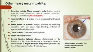 Other heavy metals toxicity:
 Chromium toxicity: Major sources in India: Leather tanning
industries, steel production, dyes & pigment industries,
mining of Chromite ore( Alka et al,2017).
 Hexavalent form of Cr is toxic even in low doses than trivalent
forms.
 Health effects in humans: allergic reactions, by breathing
hexavalent form can cause nose bleeding, irritation of
pharynx, asthmatic bronchitis.
 Copper toxicity : cookware, drinking water.
 Health effects in humans:
 Chronic toxicity: Wilson’s disease: characterized by Cu
deposition in the cornea, brown ring at the edge of cornea is
formed called as Kayser Fleischer Ring other symptoms are
liver cirrhosis, demyelination & brain damage.
Wilson disease along with ring
formation at periphery of
cornea.(arrow)
 