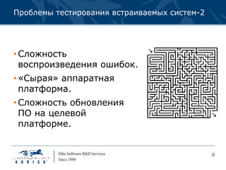 Проблемы тестирования встраиваемых систем-2




• Сложность
  воспроизведения ошибок.
• «Сырая» аппаратная
  платформа.
• Сложность обновления
  ПО на целевой
  платформе.


                                              6
 