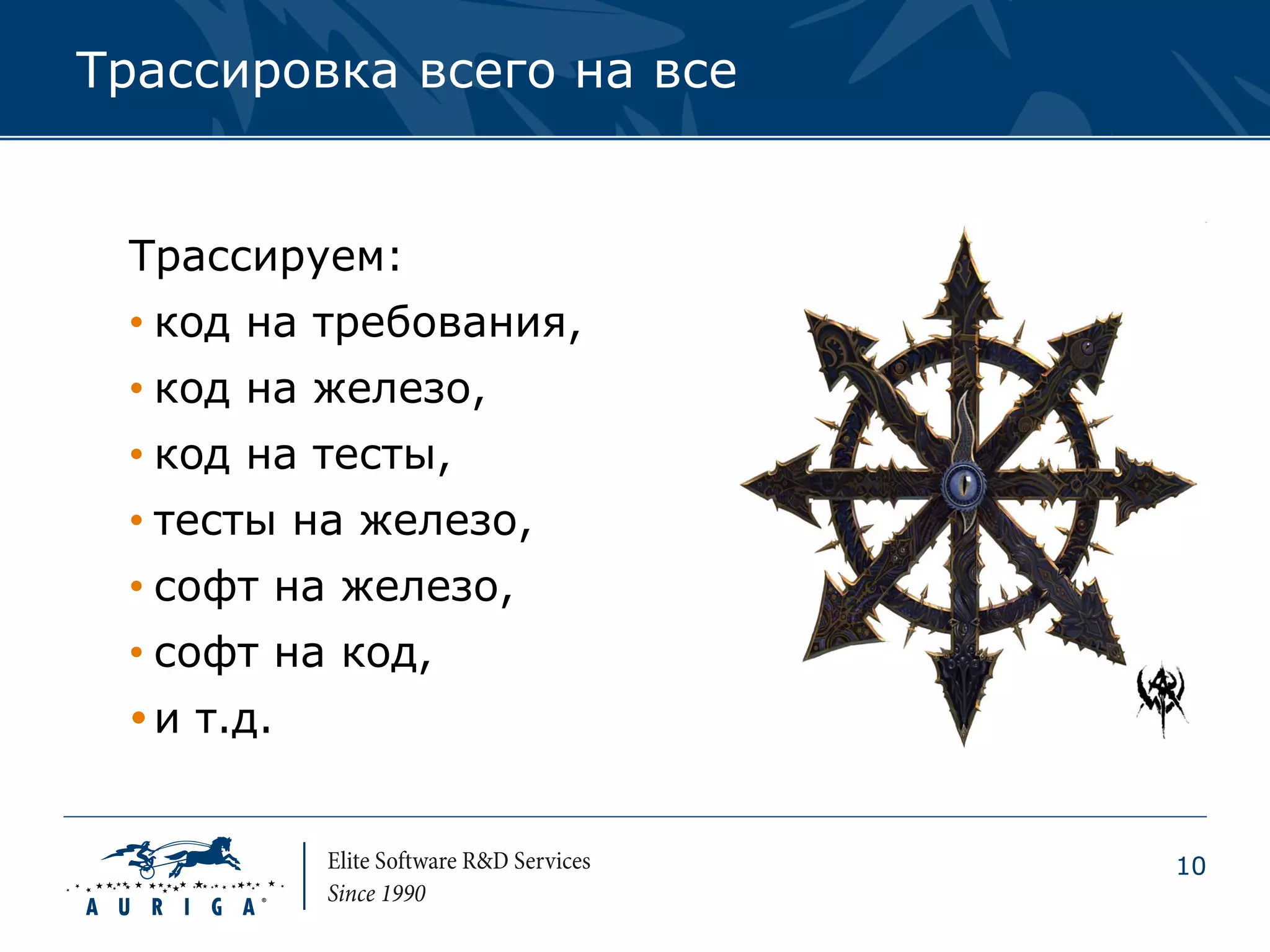 Трассировка всего на все


 Трассируем:
 • код на требования,
 • код на железо,
 • код на тесты,
 • тесты на железо,
 • софт на железо,
 • софт на код,
  и т.д.


                           10
 