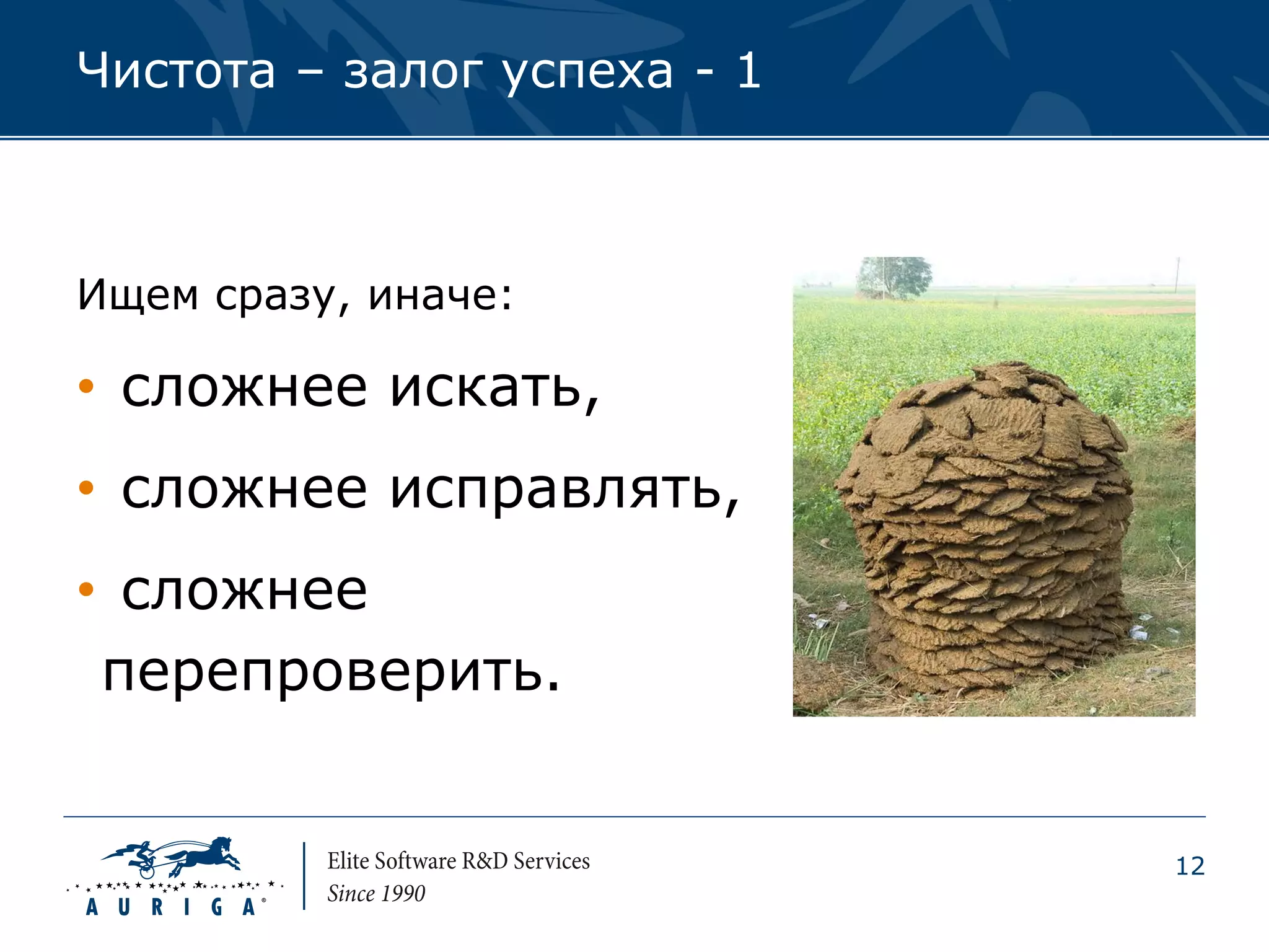 Чистота – залог успеха - 1



Ищем сразу, иначе:

• сложнее искать,
• сложнее исправлять,
• сложнее
 перепроверить.


                             12
 