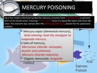 MERCURY POISONING
Mercury vapor (elemental mercury),
Gold minning- heat the amalgam to
evaporate mercury
Salts of mercury,
Mercurous chloride- antiseptic,
diuretic and catharatic
Mercuric chloride-industries
Organic mercurials- fungicide
Hg is the modern chemical symbol for mercury. It comes from hydrargyrum, a Latinized
form of the Greek word meaning "water-silver" since it is liquid like water and shiny like
silver. The element was named after the Roman god Mercury, known for his speed and
mobility
 