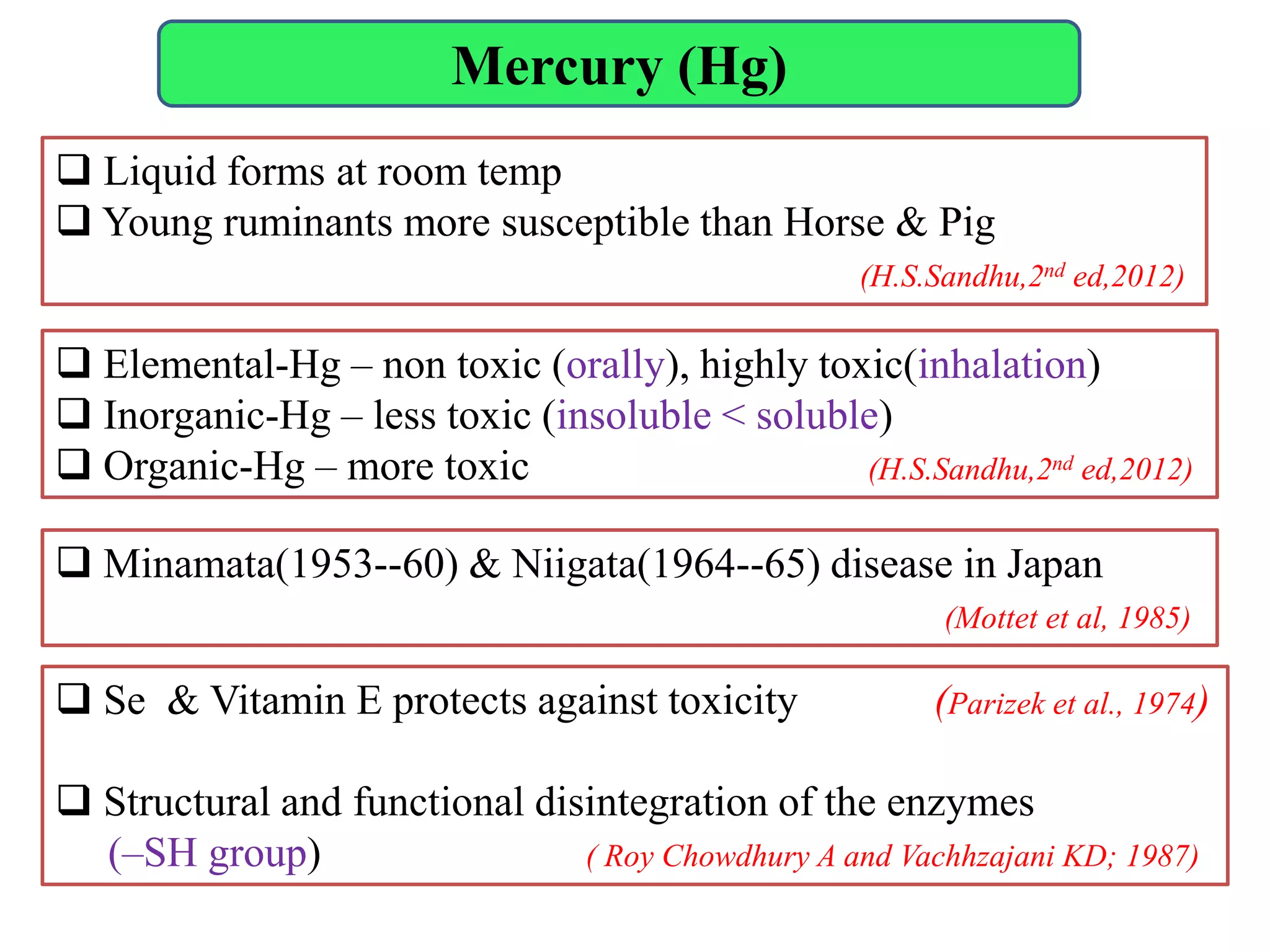 Mercury (Hg)
 Minamata(1953--60) & Niigata(1964--65) disease in Japan
(Mottet et al, 1985)
 Elemental-Hg – non toxic (orally), highly toxic(inhalation)
 Inorganic-Hg – less toxic (insoluble < soluble)
 Organic-Hg – more toxic (H.S.Sandhu,2nd ed,2012)
 Liquid forms at room temp
 Young ruminants more susceptible than Horse & Pig
(H.S.Sandhu,2nd ed,2012)
 Se & Vitamin E protects against toxicity (Parizek et al., 1974)
 Structural and functional disintegration of the enzymes
(–SH group) ( Roy Chowdhury A and Vachhzajani KD; 1987)
 