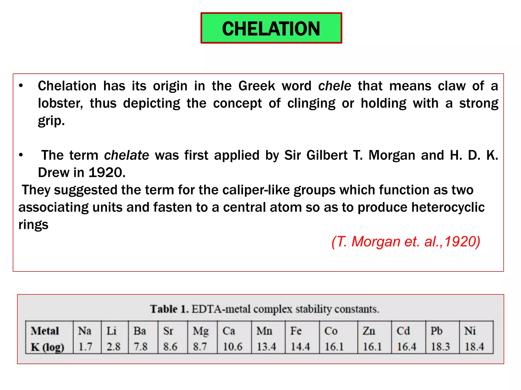 • Chelation has its origin in the Greek word chele that means claw of a
lobster, thus depicting the concept of clinging or holding with a strong
grip.
• The term chelate was first applied by Sir Gilbert T. Morgan and H. D. K.
Drew in 1920.
They suggested the term for the caliper-like groups which function as two
associating units and fasten to a central atom so as to produce heterocyclic
rings
(T. Morgan et. al.,1920)
CHELATION
 