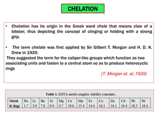 • Chelation has its origin in the Greek word chele that means claw of a
lobster, thus depicting the concept of clinging or holding with a strong
grip.
• The term chelate was first applied by Sir Gilbert T. Morgan and H. D. K.
Drew in 1920.
They suggested the term for the caliper-like groups which function as two
associating units and fasten to a central atom so as to produce heterocyclic
rings
(T. Morgan et. al.,1920)
CHELATION
 