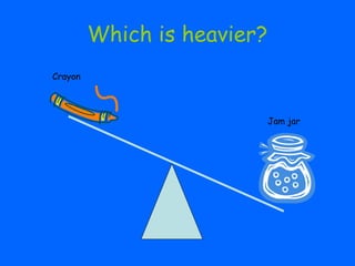 Which is heavier?
Crayon
Jam jar
 