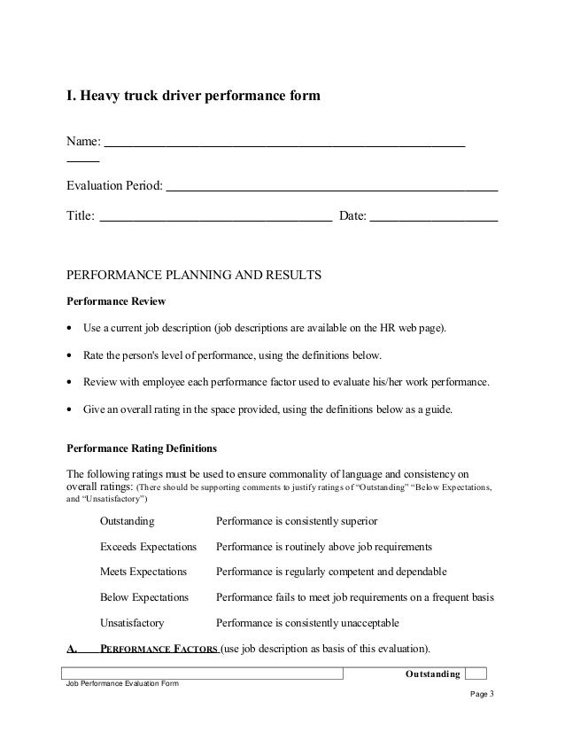 heavy truck driver performance appraisal truck driver evaluation form