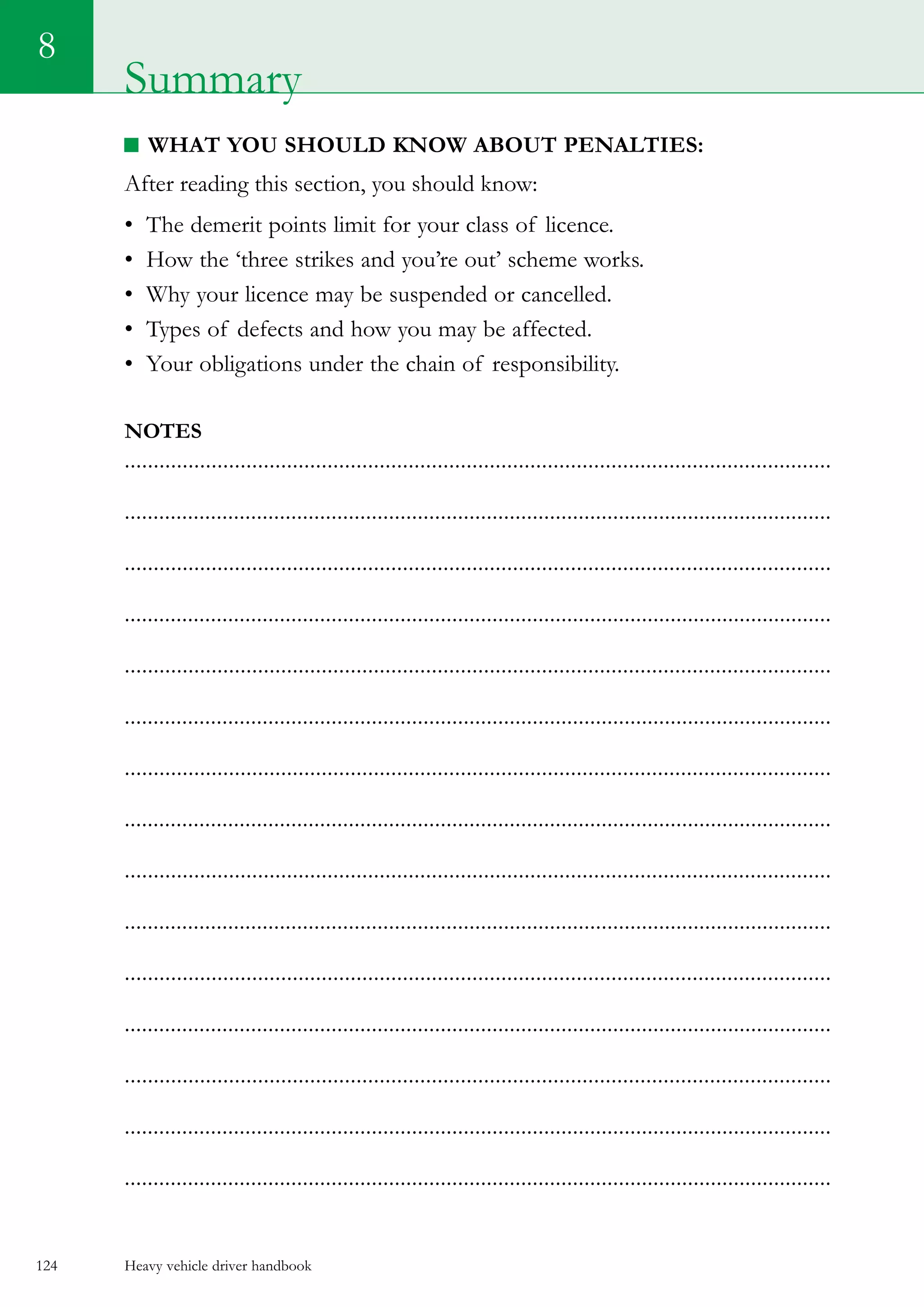 Heavy vehicle driver handbook124
8
What you should know about penalties:
After reading this section, you should know:
•	 The demerit points limit for your class of licence.
•	 How the ‘three strikes and you’re out’ scheme works.
•	 Why your licence may be suspended or cancelled.
•	 Types of defects and how you may be affected.
•	 Your obligations under the chain of responsibility.  
Notes
..........................................................................................................................
...........................................................................................................................
..........................................................................................................................
...........................................................................................................................
..........................................................................................................................
...........................................................................................................................
..........................................................................................................................
...........................................................................................................................
..........................................................................................................................
...........................................................................................................................
..........................................................................................................................
...........................................................................................................................
..........................................................................................................................
...........................................................................................................................
...........................................................................................................................
Summary
 