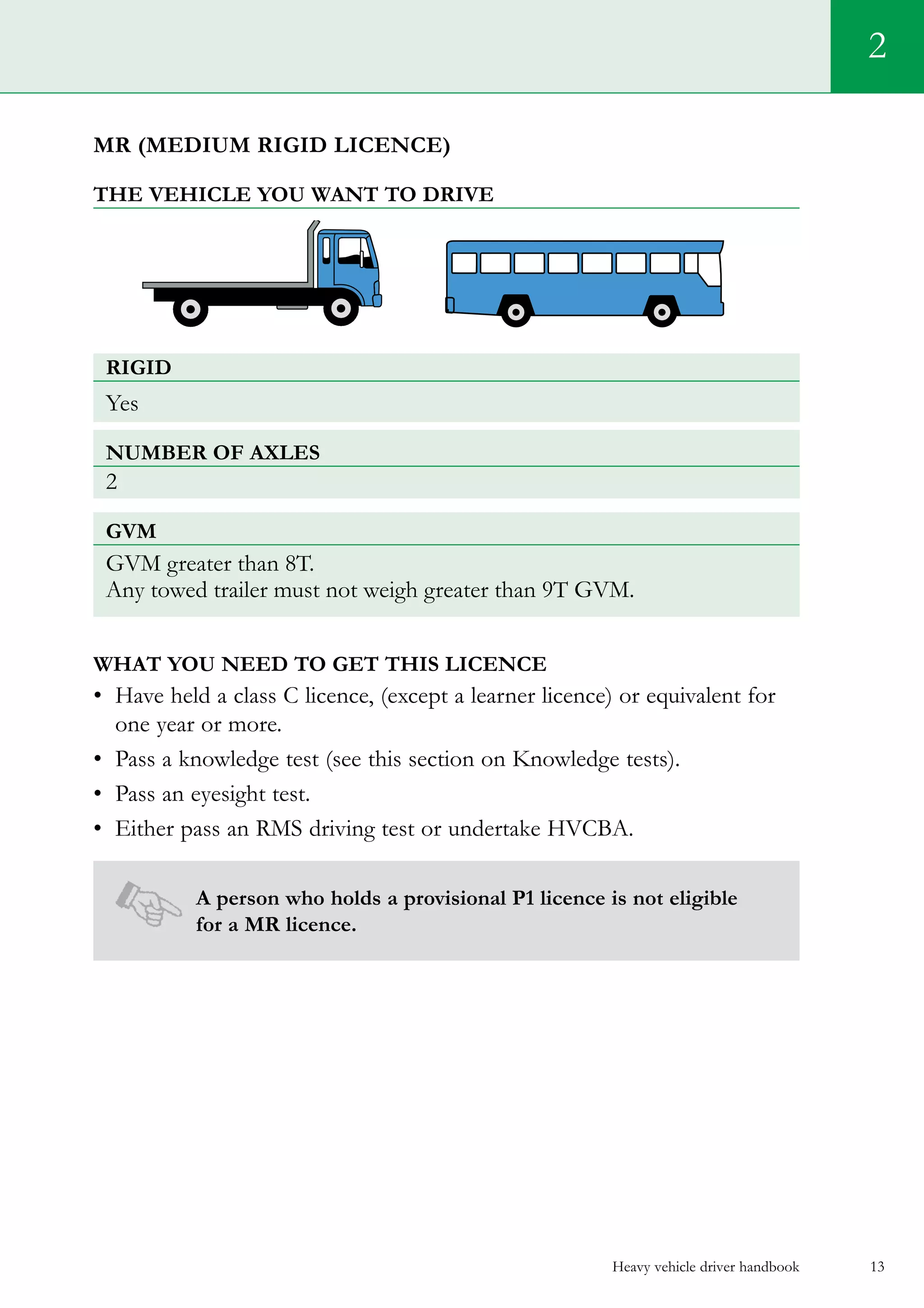 Heavy vehicle driver handbook 13
MR (medium rigid licence)
The vehicle you want to drive
rigiD
Yes
Number of axles
2
GVM
GVM greater than 8T.
Any towed trailer must not weigh greater than 9T GVM.
What you need to get this licence
•	 Have held a class C licence, (except a learner licence) or equivalent for
one year or more.
•	 Pass a knowledge test (see this section on Knowledge tests).   
•	 Pass an eyesight test.
•	 Either pass an RMS driving test or undertake HVCBA.
A person who holds a provisional P1 licence is not eligible
for a MR licence.
2
 