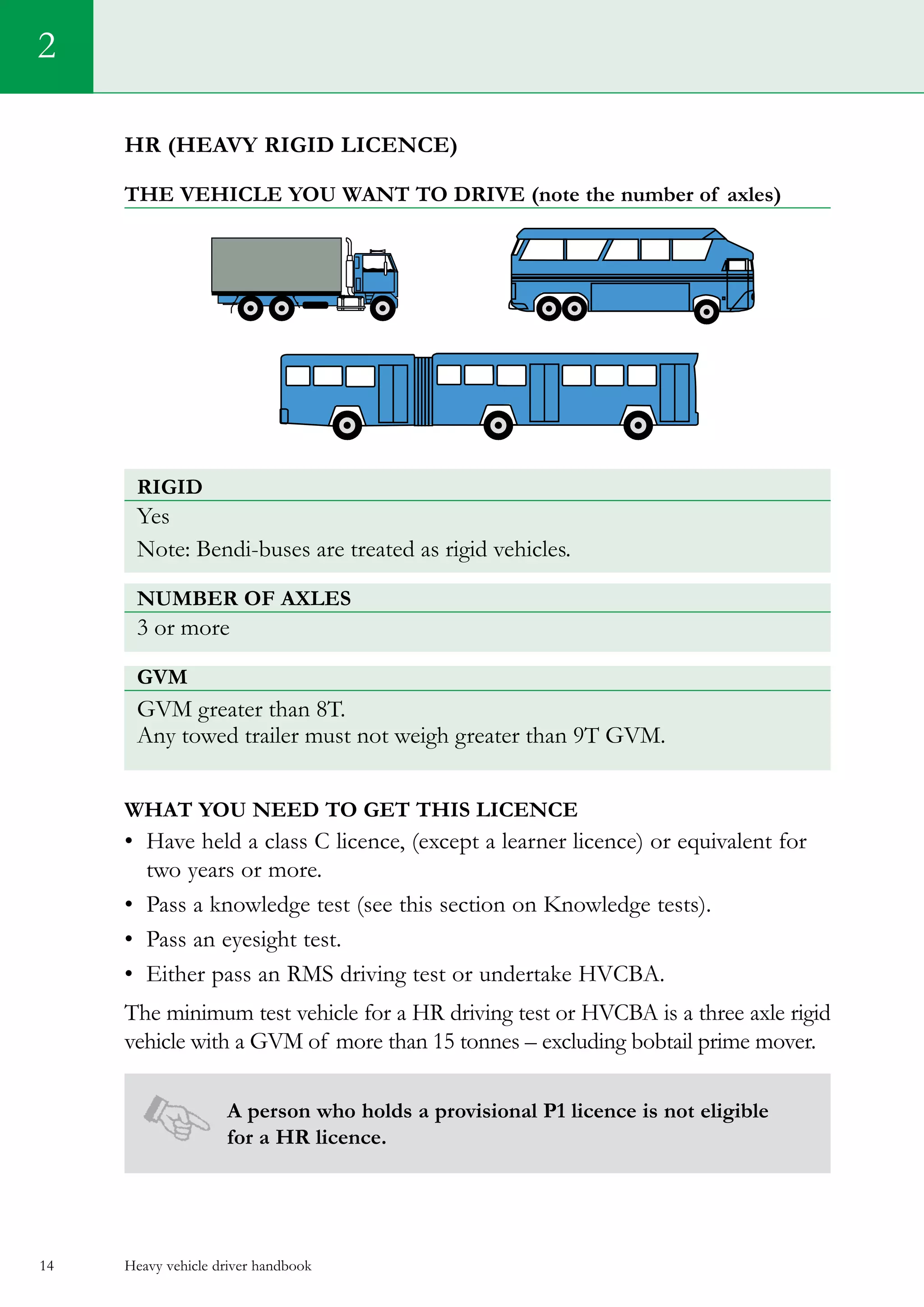 Heavy vehicle driver handbook14
HR (heavy rigid licence)
The vehicle you want to drive (note the number of axles)
rigiD
Yes
Note: Bendi-buses are treated as rigid vehicles.
Number of axles
3 or more
GVM
GVM greater than 8T.
Any towed trailer must not weigh greater than 9T GVM.
What you need to get this licence
•	 Have held a class C licence, (except a learner licence) or equivalent for
two years or more.
•	 Pass a knowledge test (see this section on Knowledge tests).   
•	 Pass an eyesight test.
•	 Either pass an RMS driving test or undertake HVCBA.
The minimum test vehicle for a HR driving test or HVCBA is a three axle rigid
vehicle with a GVM of more than 15 tonnes – excluding bobtail prime mover.
A person who holds a provisional P1 licence is not eligible
for a HR licence.
2
 