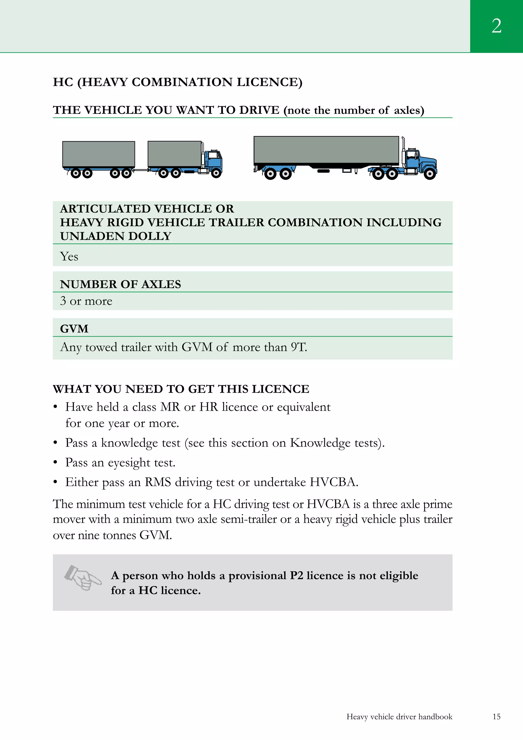Heavy vehicle driver handbook 15
2
Hc (heavy combination licence)
The vehicle you want to drive (note the number of axles)
Articulated vehicle or
heavy rigid vehicle trailer combination including
unladen dolly
Yes
Number of axles
3 or more
GVM
Any towed trailer with GVM of more than 9T.
What you need to get this licence
•	 Have held a class MR or HR licence or equivalent
for one year or more.
•	 Pass a knowledge test (see this section on Knowledge tests).   
•	 Pass an eyesight test.
•	 Either pass an RMS driving test or undertake HVCBA.
The minimum test vehicle for a HC driving test or HVCBA is a three axle prime
mover with a minimum two axle semi-trailer or a heavy rigid vehicle plus trailer
over nine tonnes GVM.
A person who holds a provisional P2 licence is not eligible
for a HC licence.
 