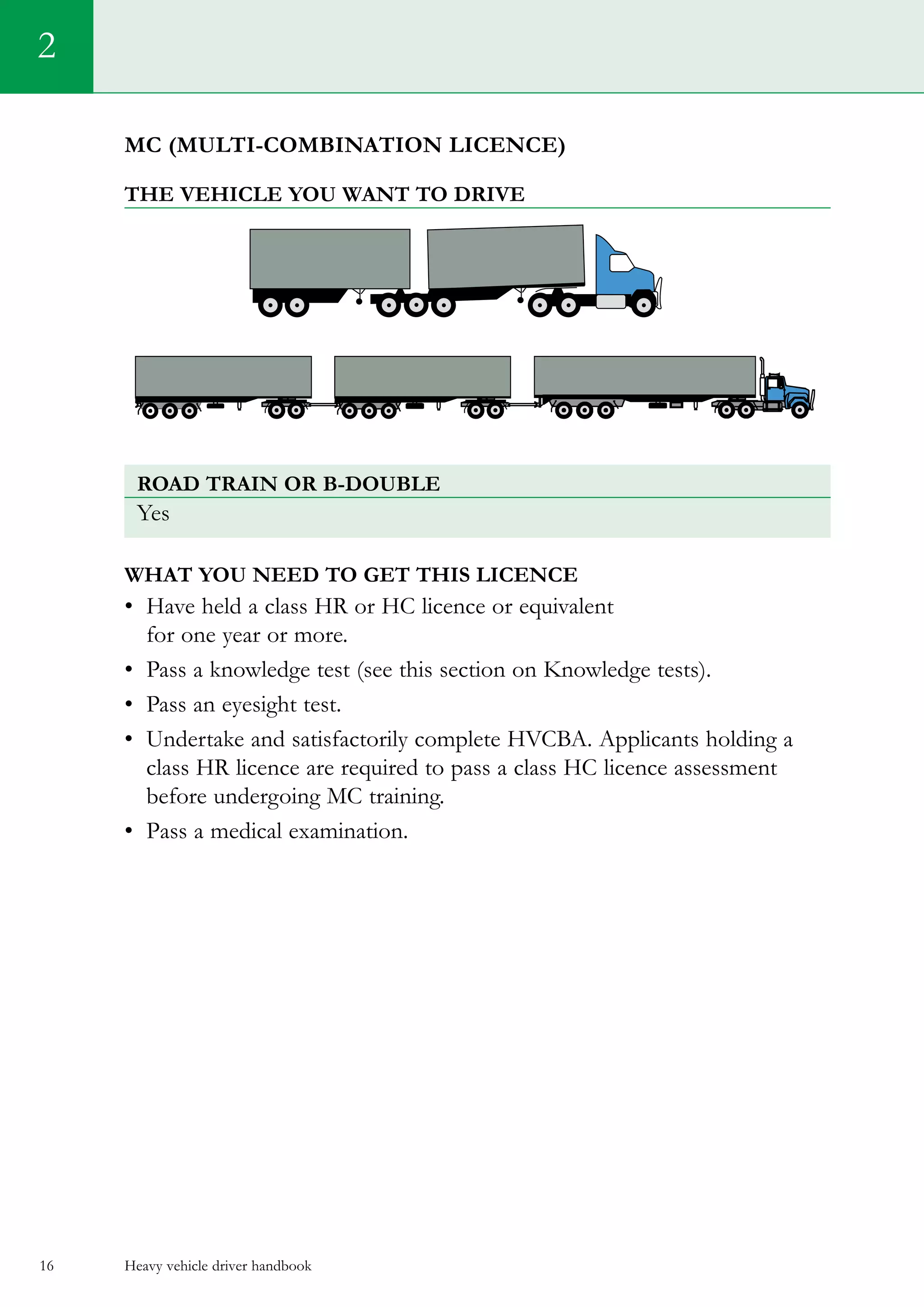 Heavy vehicle driver handbook16
2
Mc (Multi-combination licence)
The vehicle you want to drive
road train or B-double
Yes
What you need to get this licence
•	 Have held a class HR or HC licence or equivalent
for one year or more.
•	 Pass a knowledge test (see this section on Knowledge tests).   
•	 Pass an eyesight test.
•	 Undertake and satisfactorily complete HVCBA. Applicants holding a
class HR licence are required to pass a class HC licence assessment
before undergoing MC training.
•	 Pass a medical examination.
 