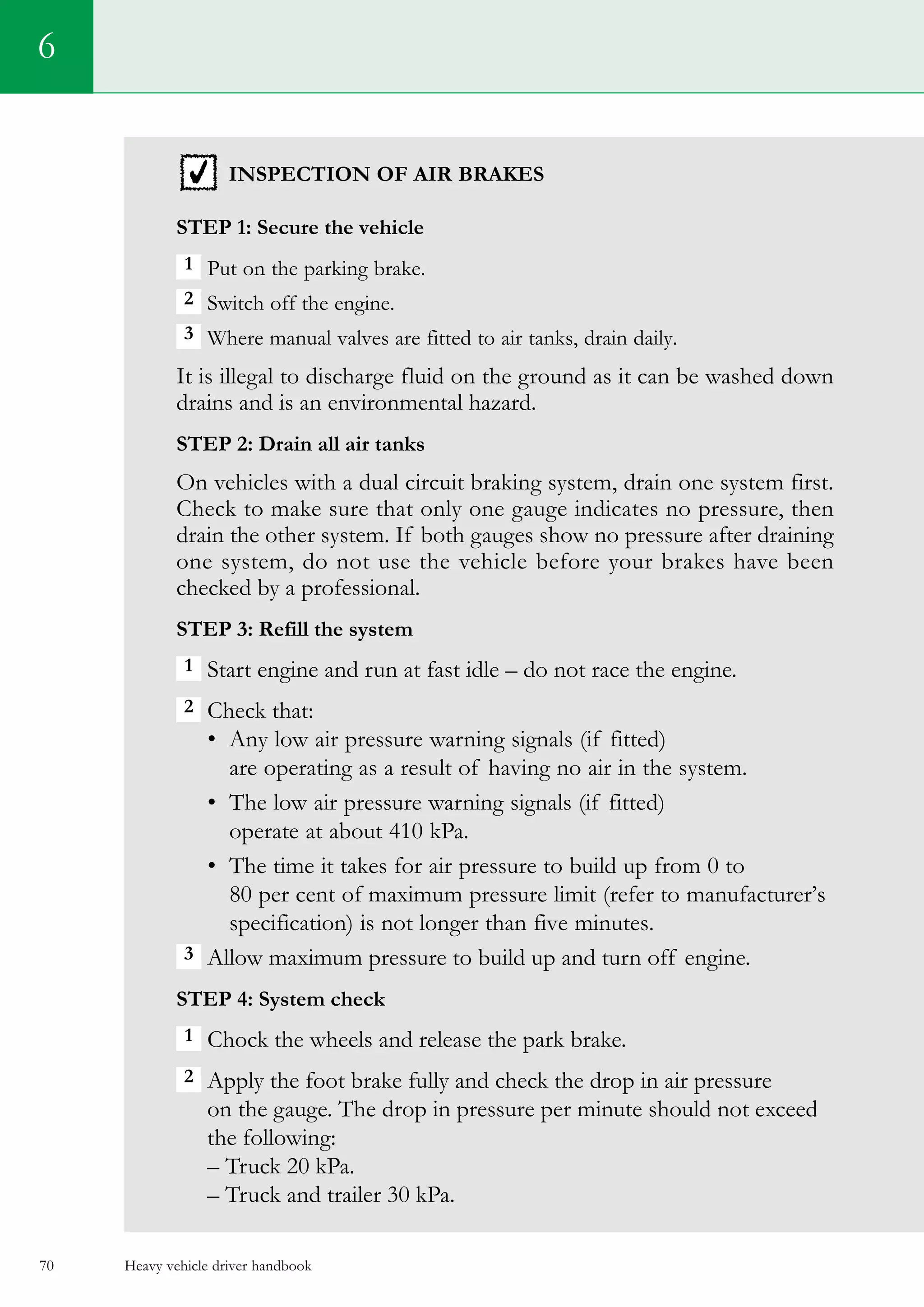 Heavy vehicle driver handbook70
6
inspection of air brakes
Step 1: Secure the vehicle
1  Put on the parking brake.
2 Switch off the engine.
3 Where manual valves are fitted to air tanks, drain daily.
It is illegal to discharge fluid on the ground as it can be washed down
drains and is an environmental hazard.
Step 2: Drain all air tanks
On vehicles with a dual circuit braking system, drain one system first.
Check to make sure that only one gauge indicates no pressure, then
drain the other system. If both gauges show no pressure after draining
one system, do not use the vehicle before your brakes have been
checked by a professional.
Step 3: Refill the system
1 Start engine and run at fast idle – do not race the engine.
2 Check that:
•	 Any low air pressure warning signals (if fitted)
are operating as a result of having no air in the system.
•	 The low air pressure warning signals (if fitted)
operate at about 410 kPa.
•	 The time it takes for air pressure to build up from 0 to
80 per cent of maximum pressure limit (refer to manufacturer’s
specification) is not longer than five minutes.
3 Allow maximum pressure to build up and turn off engine.
Step 4: System check
1  Chock the wheels and release the park brake.
2  Apply the foot brake fully and check the drop in air pressure
on the gauge. The drop in pressure per minute should not exceed
the following:
– Truck 20 kPa.
– Truck and trailer 30 kPa.
 