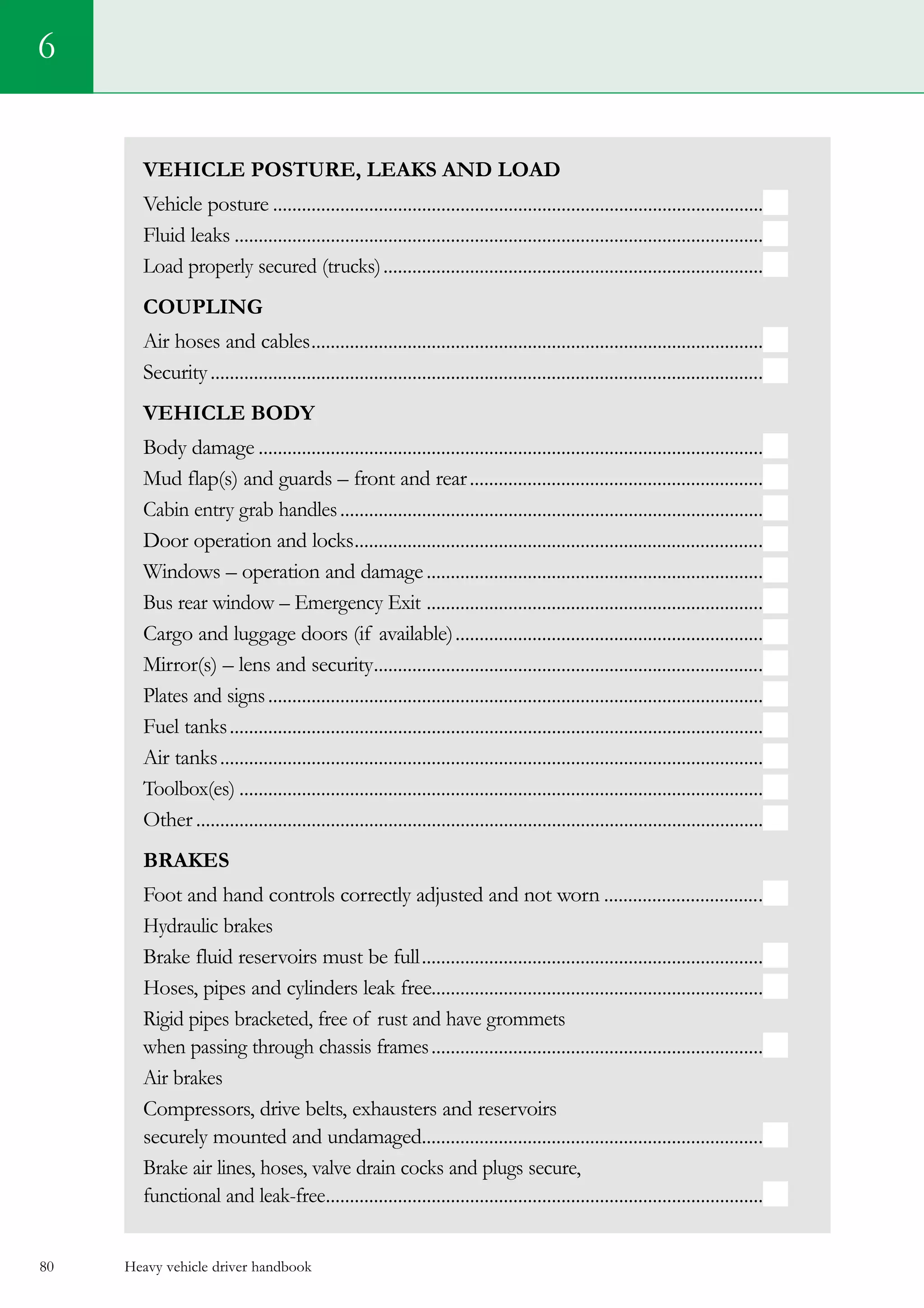 Heavy vehicle driver handbook80
Vehicle posture, leaks and load
Vehicle posture.......................................................................................................
Fluid leaks...............................................................................................................
Load properly secured (trucks)................................................................................
Coupling
Air hoses and cables...............................................................................................
Security....................................................................................................................
Vehicle body
Body damage..........................................................................................................
Mud flap(s) and guards – front and rear..............................................................
Cabin entry grab handles.........................................................................................
Door operation and locks......................................................................................
Windows – operation and damage.......................................................................
Bus rear window – Emergency Exit .......................................................................
Cargo and luggage doors (if available).................................................................
Mirror(s) – lens and security..................................................................................
Plates and signs........................................................................................................
Fuel tanks................................................................................................................
Air tanks..................................................................................................................
Toolbox(es)..............................................................................................................
Other.......................................................................................................................
Brakes
Foot and hand controls correctly adjusted and not worn..................................
Hydraulic brakes
Brake fluid reservoirs must be full........................................................................
Hoses, pipes and cylinders leak free.....................................................................
Rigid pipes bracketed, free of rust and have grommets
when passing through chassis frames......................................................................
Air brakes
Compressors, drive belts, exhausters and reservoirs
securely mounted and undamaged........................................................................
Brake air lines, hoses, valve drain cocks and plugs secure,
functional and leak-free............................................................................................
6
 