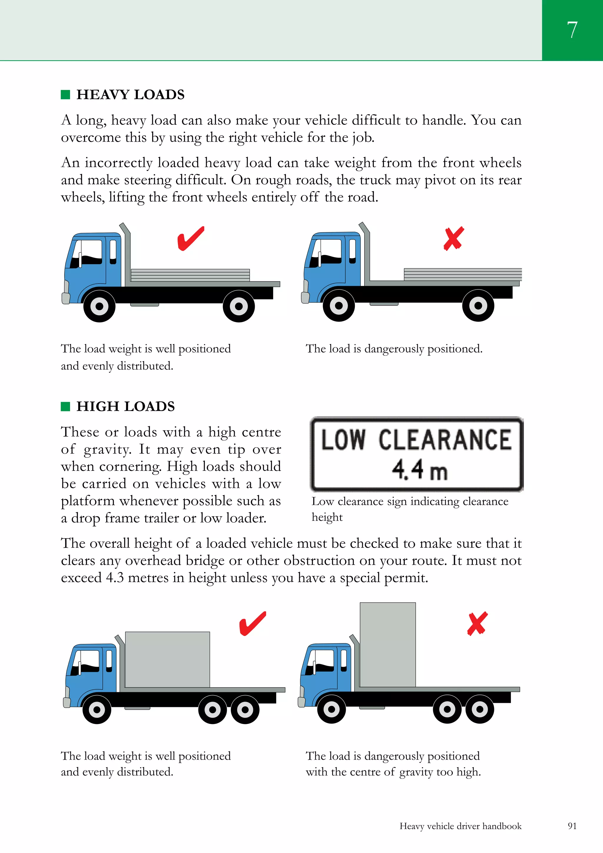 Heavy vehicle driver handbook 91
7
Heavy loads
A long, heavy load can also make your vehicle difficult to handle. You can
overcome this by using the right vehicle for the job.
An incorrectly loaded heavy load can take weight from the front wheels
and make steering difficult. On rough roads, the truck may pivot on its rear
wheels, lifting the front wheels entirely off the road.
The load weight is well positioned 	 The load is dangerously positioned.
and evenly distributed.
High loads
These or loads with a high centre
of gravity. It may even tip over
when cornering. High loads should
be carried on vehicles with a low
platform whenever possible such as
a drop frame trailer or low loader.
The overall height of a loaded vehicle must be checked to make sure that it
clears any overhead bridge or other obstruction on your route. It must not
exceed 4.3 metres in height unless you have a special permit.
The load weight is well positioned 	 The load is dangerously positioned
and evenly distributed.	 with the centre of gravity too high.
Low clearance sign indicating clearance
height
 