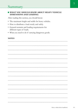 Heavy vehicle driver handbook 111
7
What you should know about heavy vehicle
dimensions and loading:
After reading this section, you should know:
•	 The maximum height and width for heavy vehicles.
•	 How to distribute a load evenly and safely.
•	 General restraint and loading requirements for
different types of loads.
•	 What you need to do if carrying dangerous goods.  
Notes
..........................................................................................................................
...........................................................................................................................
..........................................................................................................................
...........................................................................................................................
..........................................................................................................................
...........................................................................................................................
..........................................................................................................................
...........................................................................................................................
..........................................................................................................................
...........................................................................................................................
..........................................................................................................................
...........................................................................................................................
..........................................................................................................................
...........................................................................................................................
...........................................................................................................................
Summary
 