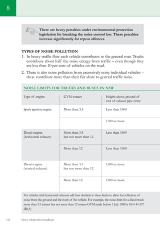 Heavy vehicle driver handbook116
8
There are heavy penalties under environmental protection
legislation for breaking the noise control law. These penalties
increase significantly for repeat offences
Types of noise pollution
1. In heavy traffic flow each vehicle contributes to the general roar. Trucks
contribute about half the noise energy from traffic – even though they
are less than 10 per cent of vehicles on the road.
2. There is also noise pollution from excessively noisy individual vehicles –
these contribute more than their fair share to general traffic noise.
Noise limits for trucks and buses in NSW
Type of engine	 GVM tonnes  	 Height above ground of 	
	 	 end of exhaust pipe (mm)	
Spark ignition engine	 More than 3.5	 Less than 1500	
			
		 1500 or more	
			
Diesel engine	 More than 3.5	 Less than 1500	
(horizontal exhaust)	 but not more than 12	 	
			
	 More than 12 	 Less than 1500 	
			
			
Diesel engine	 More than 3.5	 1500 or more	
(vertical exhaust)	 but not more than 12	 	
			
	 More than 12	 1500 or more	
			
			
For vehicles with horizontal exhausts add four decibels to these limits to allow for reflection of
noise from the ground and the body of the vehicle. For example, the noise limit for a diesel truck
more than 3.5 tonnes but not more than 12 tonnes GVM made before 1 July 1980 is 103+4=107
dB(A)
 