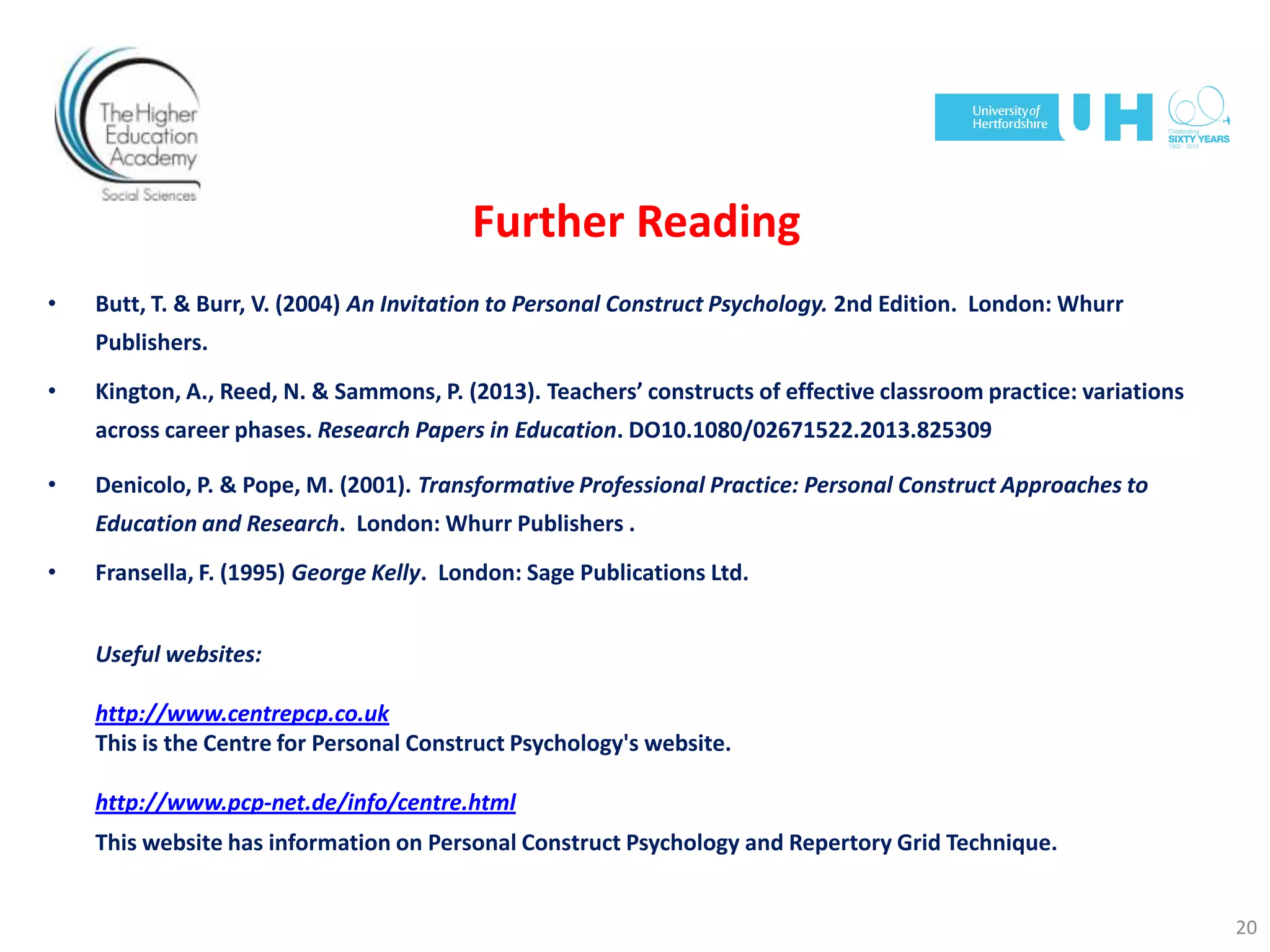 20
Further Reading
• Butt, T. & Burr, V. (2004) An Invitation to Personal Construct Psychology. 2nd Edition. London: Whurr
Publishers.
• Kington, A., Reed, N. & Sammons, P. (2013). Teachers’ constructs of effective classroom practice: variations
across career phases. Research Papers in Education. DO10.1080/02671522.2013.825309
• Denicolo, P. & Pope, M. (2001). Transformative Professional Practice: Personal Construct Approaches to
Education and Research. London: Whurr Publishers .
• Fransella, F. (1995) George Kelly. London: Sage Publications Ltd.
Useful websites:
http://www.centrepcp.co.uk
This is the Centre for Personal Construct Psychology's website.
http://www.pcp-net.de/info/centre.html
This website has information on Personal Construct Psychology and Repertory Grid Technique.
 