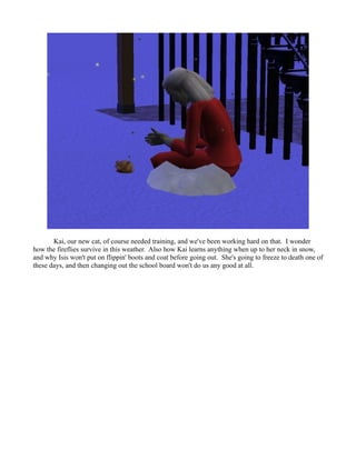 Kai, our new cat, of course needed training, and we've been working hard on that. I wonder
how the fireflies survive in this weather. Also how Kai learns anything when up to her neck in snow,
and why Isis won't put on flippin' boots and coat before going out. She's going to freeze to death one of
these days, and then changing out the school board won't do us any good at all.
 