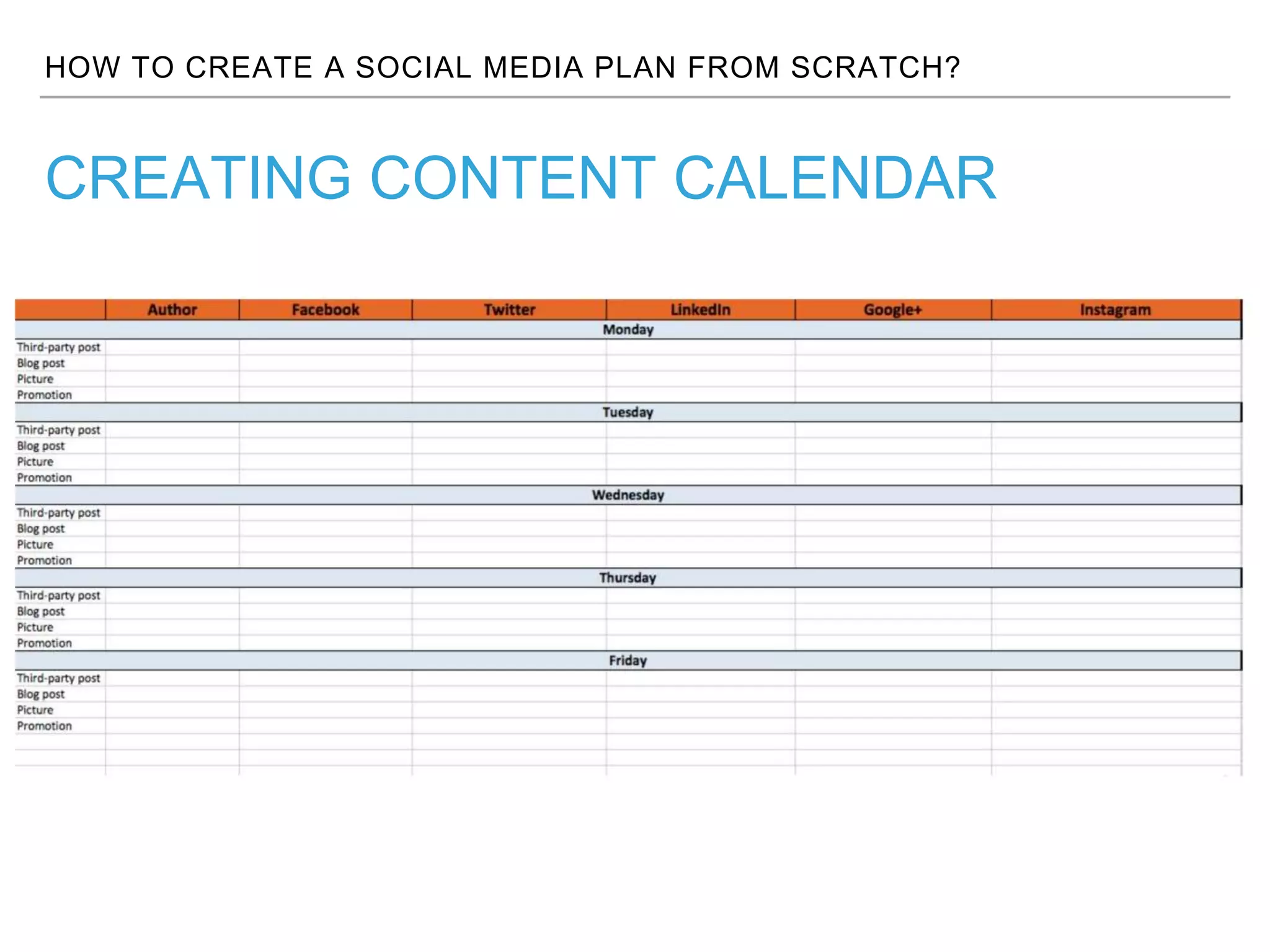 HOW TO CREATE A SOCIAL MEDIA PLAN FROM SCRATCH?
CREATING CONTENT CALENDAR
 