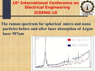 The raman spectrum for spherical micro and nano
particles before and after laser absorption of Argon
laser 507nm
10th
International Conference on
Electrical Engineering
ICEENG-10
 
