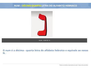 Todos os direitos reservados ao autor. Cópia não permitida.
NUM – DÉCIMA QUARTA LETRA DO ALFABETO HEBRAICO
O num é a décima - quarta letra do alfabeto hebraico e equivale ao nosso
N.
NUM – SOM DE N
 