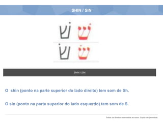 Todos os direitos reservados ao autor. Cópia não permitida.
SHIN / SIN
O shin (ponto na parte superior do lado direito) tem som de Sh.
O sin (ponto na parte superior do lado esquerdo) tem som de S.
SHIN / SIN
 