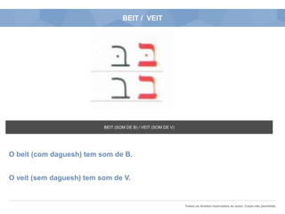 Todos os direitos reservados ao autor. Cópia não permitida.
BEIT / VEIT
O beit (com daguesh) tem som de B.
O veit (sem daguesh) tem som de V.
BEIT (SOM DE B) / VEIT (SOM DE V)
 
