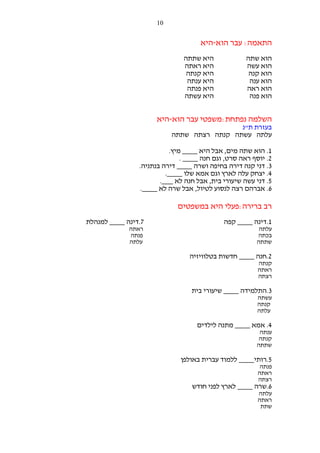 ‫01‬

‫התאמה: עבר הוא-היא‬
‫הוא שתה‬
‫הוא עשה‬
‫הוא קנה‬
‫הוא ענה‬
‫הוא ראה‬
‫הוא פנה‬

‫היא שתתה‬
‫היא ראתה‬
‫היא קנתה‬
‫היא ענתה‬
‫היא פנתה‬
‫היא עשתה‬

‫השלמה נפתחת:משפטי עבר הוא-היא‬
‫בעזרת ת"נ‬
‫עלתה עשתה קנתה רצתה שתתה‬
‫1. הוא שתה מים, אבל היא ____ מיץ.‬
‫2. יוסף ראה סרט, וגם חנה ____ .‬
‫3. דני קנה דירה בחיפה ושרה ____ דירה בנתניה.‬
‫4. יצחק עלה לארץ וגם אמא שלו ____.‬
‫5. דני עשה שיעורי בית, אבל חנה לא ___.‬
‫6. אברהם רצה לנסוע לטיול, אבל שרה לא ____.‬

‫רב ברירה:פעלי היא במשפטים‬
‫1.דינה ____ קפה‬

‫7.דינה ____ למנהלת‬

‫עלתה‬
‫בכתה‬
‫שתתה‬

‫ראתה‬
‫פנתה‬
‫עלתה‬

‫2.חנה ____ חדשות בטלוויזיה‬
‫קנתה‬
‫ראתה‬
‫רצתה‬

‫3.התלמידה ____ שיעורי בית‬
‫עשתה‬
‫קנתה‬
‫עלתה‬

‫4. אמא ____ מתנה לילדים‬
‫ענתה‬
‫קנתה‬
‫שתתה‬

‫5.רותי____ ללמוד עברית באולפן‬
‫פנתה‬
‫ראתה‬
‫רצתה‬

‫6.שרה ____ לארץ לפני חודש‬
‫עלתה‬
‫ראתה‬
‫שתת‬

 