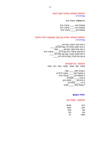 ‫21‬

‫השלמה נפתחת:מהווה לעבר-עשה‬
‫בעזרת ת"נ‬
‫הוא עושה שיעורי בית‬
‫אתמול הוא ____ שיעורי בית‬
‫אתמול היא ____ שיעורי בית‬
‫אתמול הם ____ שיעורי בית‬

‫השלמה נפתחת:המרת גוף עבר במשפטי ניגוד וחיבור‬
‫בעזרת ת"נ‬
‫1.הוא קנה ירקות, וגם היא ____‬
‫2.היא ראתה טלוויזיה, אבל הם לא ____‬
‫3.הוא שתה קפה, וגם הם ____ קפה‬
‫4.הם עשו שיעורי בית וגם ה יא ____ שיעורי בית‬
‫5.היא עלתה לארץ, אבל אח שלה לא ____‬
‫6.הם רצו לטייל, אבל הילדה לא ____‬

‫השלמה :כל הפעלים‬
‫עלתה עשו פנתה קנתה ראה רצו שתה‬
‫1.בערב יוסף ____ קפה.‬
‫2.אתמול חנה ____ מתנה לילדים.‬
‫3.התלמידים ____ שיעורי בית.‬
‫4.שרה ____ למנהלת.‬
‫5.הילדים ____ ללכת לים.‬
‫6.דני ____ טלוויזיה.‬
‫7.אחות שלה ____ לארץ.‬

‫יחיד-רבים‬
‫התאמה: שמות גוף‬
‫היא‬
‫הוא‬
‫אני‬
‫את‬
‫אתה‬

‫אנחנו‬
‫אתם‬
‫אתן‬
‫הם‬
‫הן‬

 