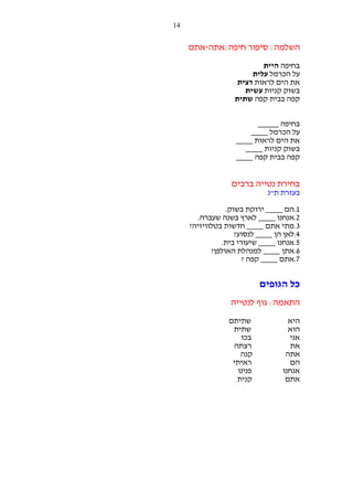 ‫41‬

‫השלמה: סיפור חיפה:אתה-אתם‬
‫בחיפה היית‬
‫על הכרמל עלית‬
‫את הים לראות רצית‬
‫בשוק קניות עשית‬
‫קפה בבית קפה שתית‬
‫בחיפה _____‬
‫על הכרמל ____‬
‫את הים לראות ____‬
‫בשוק קניות ____‬
‫קפה בבית קפה ____‬

‫בחירת נטייה ברבים‬
‫בעזרת ת"נ‬
‫1.הם ____ ירוקת בשוק.‬
‫2.אנחנו ____ לארץ בשנה שעברה.‬
‫3.מתי אתם ____ חדשות בטלוויזיה?‬
‫4.לאן הן ____ לנסוע?‬
‫5.אנחנו ____ שיעורי בית.‬
‫6.אתן ____ למנהלת האולפן?‬
‫7.אתם ____ קפה ?‬

‫כל הגופים‬
‫התאמה: גוף לנטייה‬
‫היא‬
‫הוא‬
‫אני‬
‫את‬
‫אתה‬
‫הם‬
‫אנחנו‬
‫אתם‬

‫שתיתם‬
‫שתית‬
‫בכו‬
‫רצתה‬
‫קנה‬
‫ראיתי‬
‫פנינו‬
‫קנית‬

 